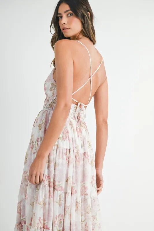 Floral Print Tiered Cami Maxi Summer Dress in White or Pink