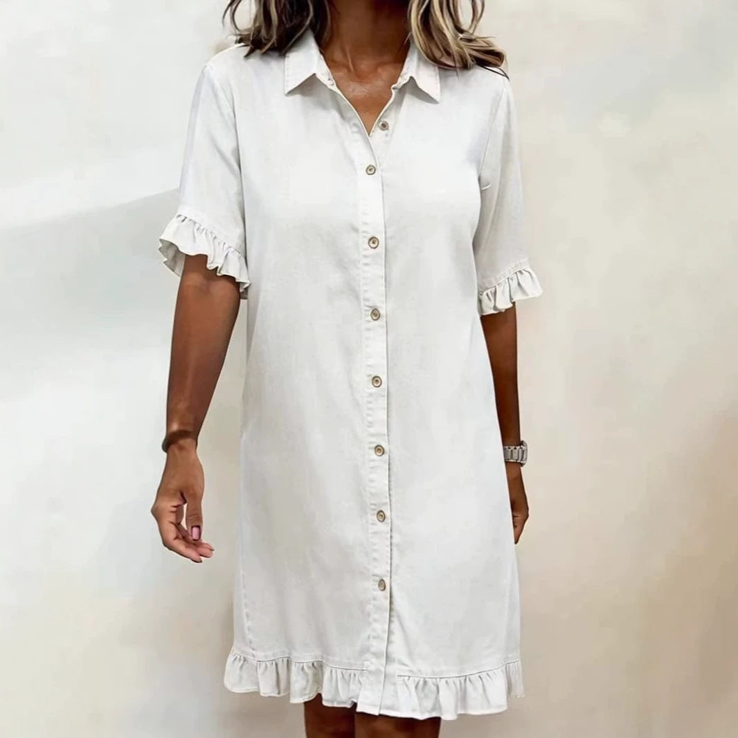 Women's Blue Faux Denim Ruffle Sleeve Casual Shirt Dress - Image 4