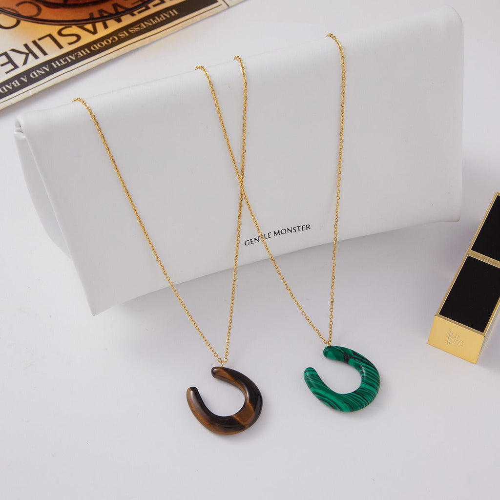 18K Gold Horseshoe Pendant Necklace with Tiger's Eye and Malachite