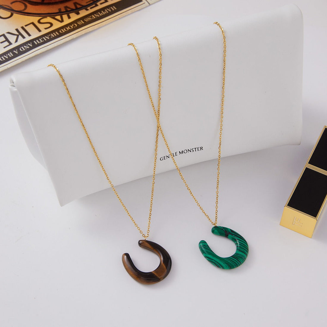 18K Gold Horseshoe Pendant Necklace with Tiger's Eye and Malachite