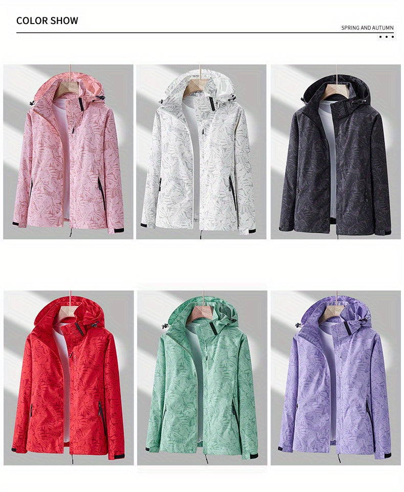 Women's Tropical Leaf Print Lightweight Windproof Hooded Jacket - Image 11