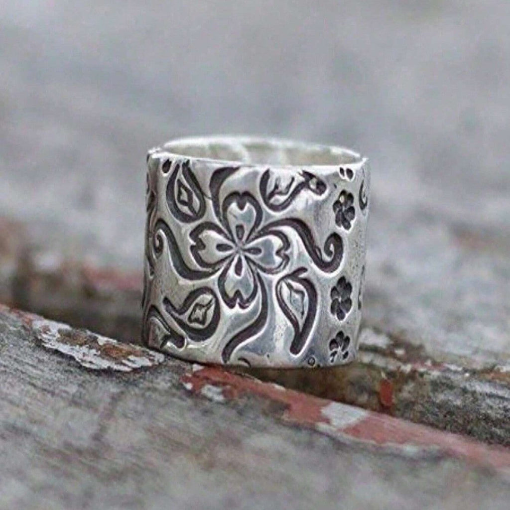 Antique Silver Floral Statement Ring - Ornate Hand Jewelry
