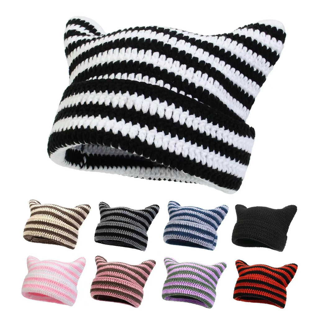 Women's Hand Knitted Striped Cat Beanie Hat