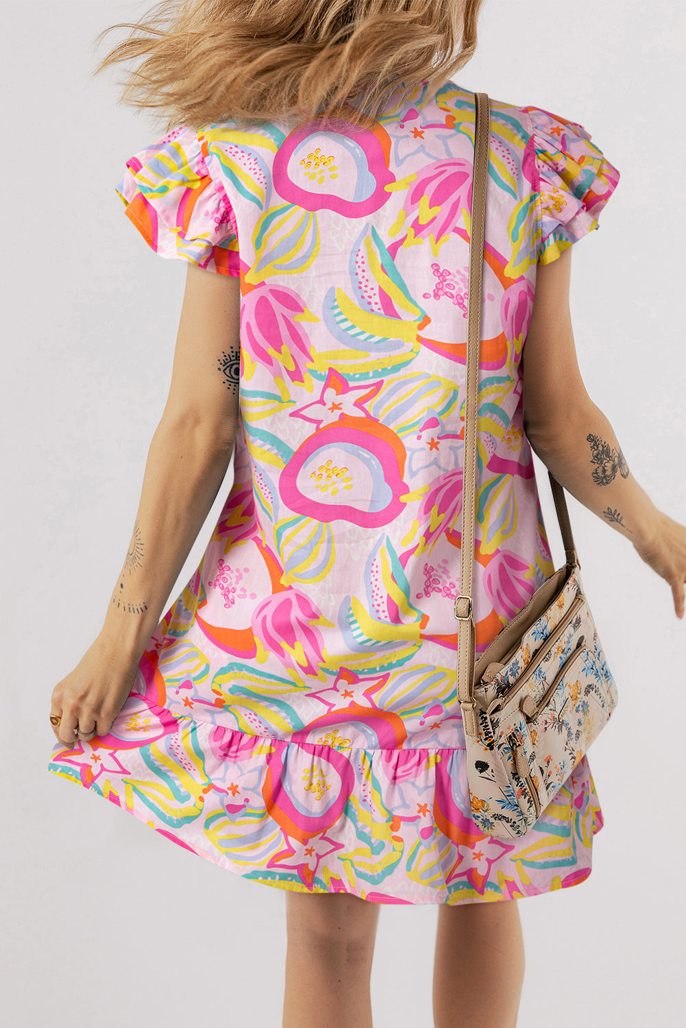 Pink Abstract Floral Ruffle Flutter Sleeve Mini Dress