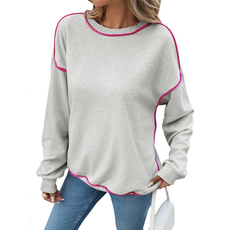 Oversized Round Neck Knit Sweater with Contrast Piping