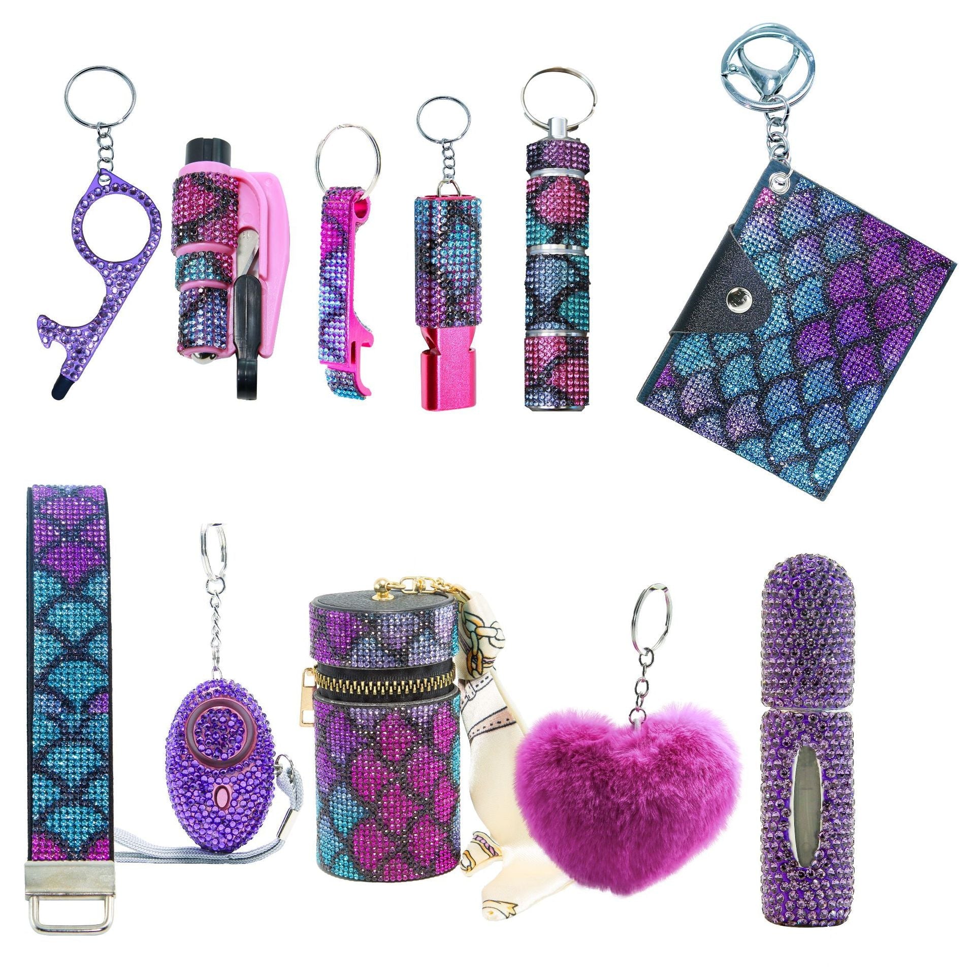 11-piece emergency alarm and window breaker safety keychain kit in various colors and plush patterns