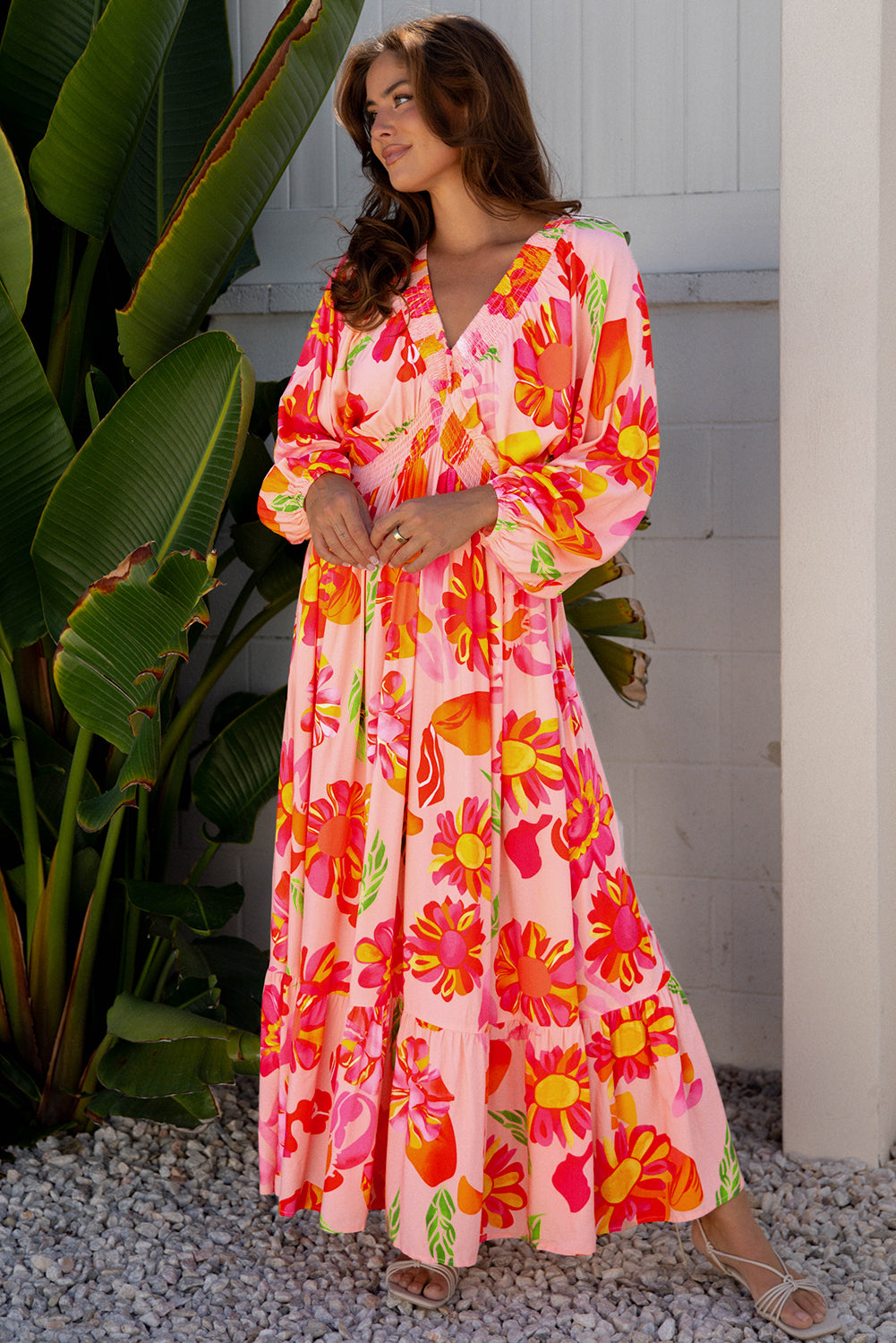 Floral V-Neck Puff Sleeve Maxi Dress