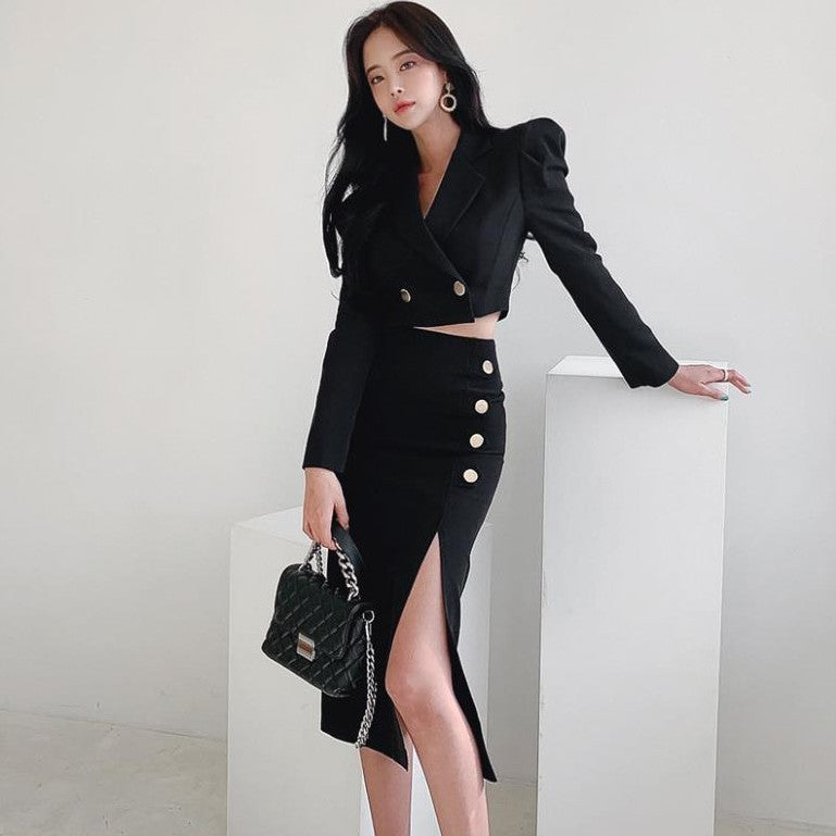 Professional black midi coat skirt suit with gold buttons for women