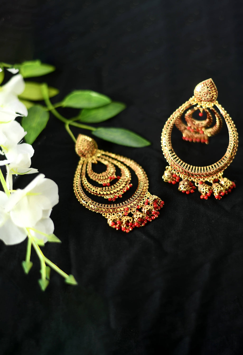 Triple Circle White With Red Statement Dangle Earrings