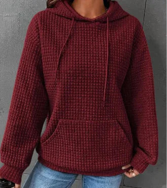 Women's Loose Casual Long Sleeve Waffle Knit Hooded Sweatshirt