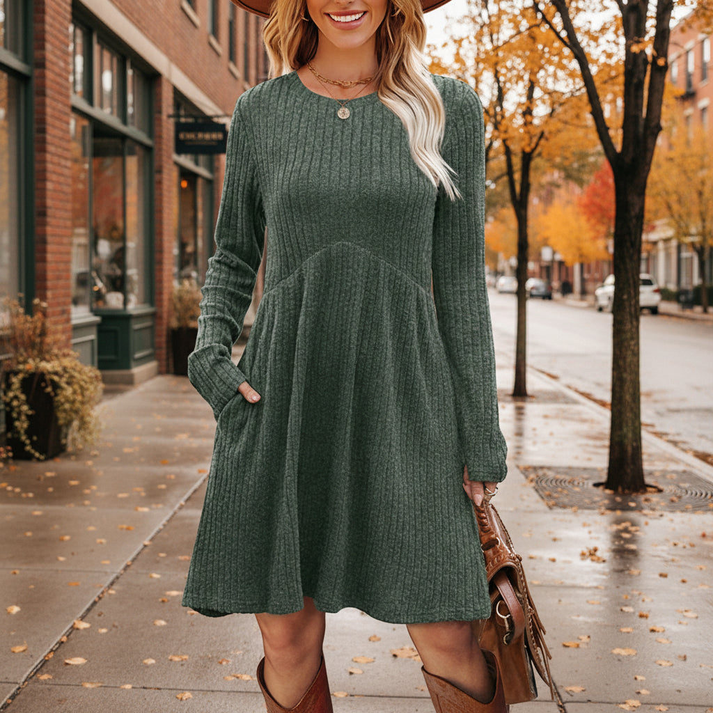 Women's Solid Ribbed Knit Long Sleeve Mini Dress - Image 3
