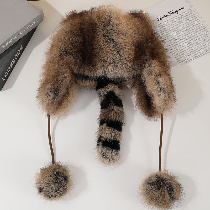 Raccoon Tail Plush Winter Hat with Drawstring
