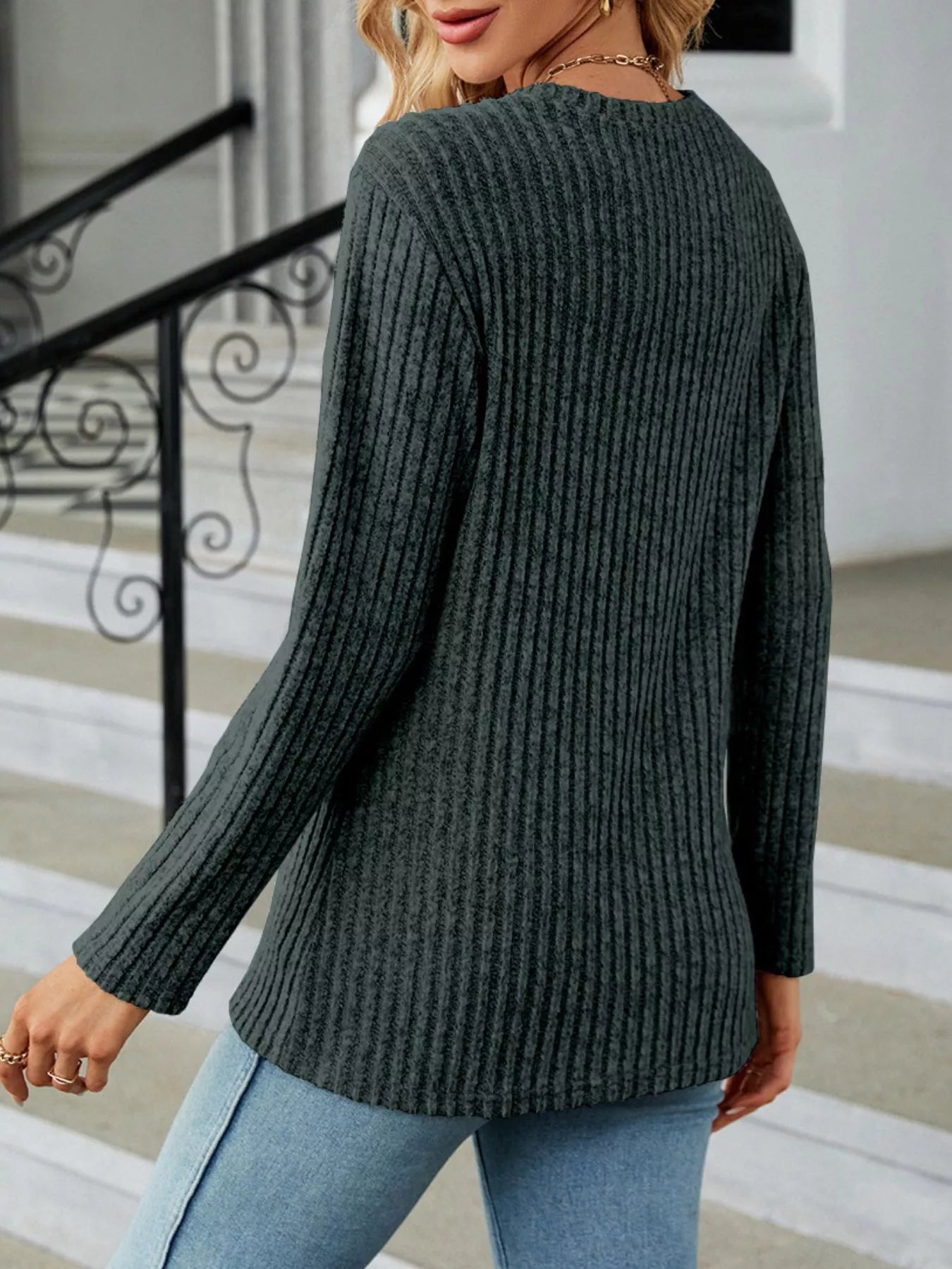 Blue Ribbed Knit Long Sleeve Top with Decorative Button Detail - Image 14