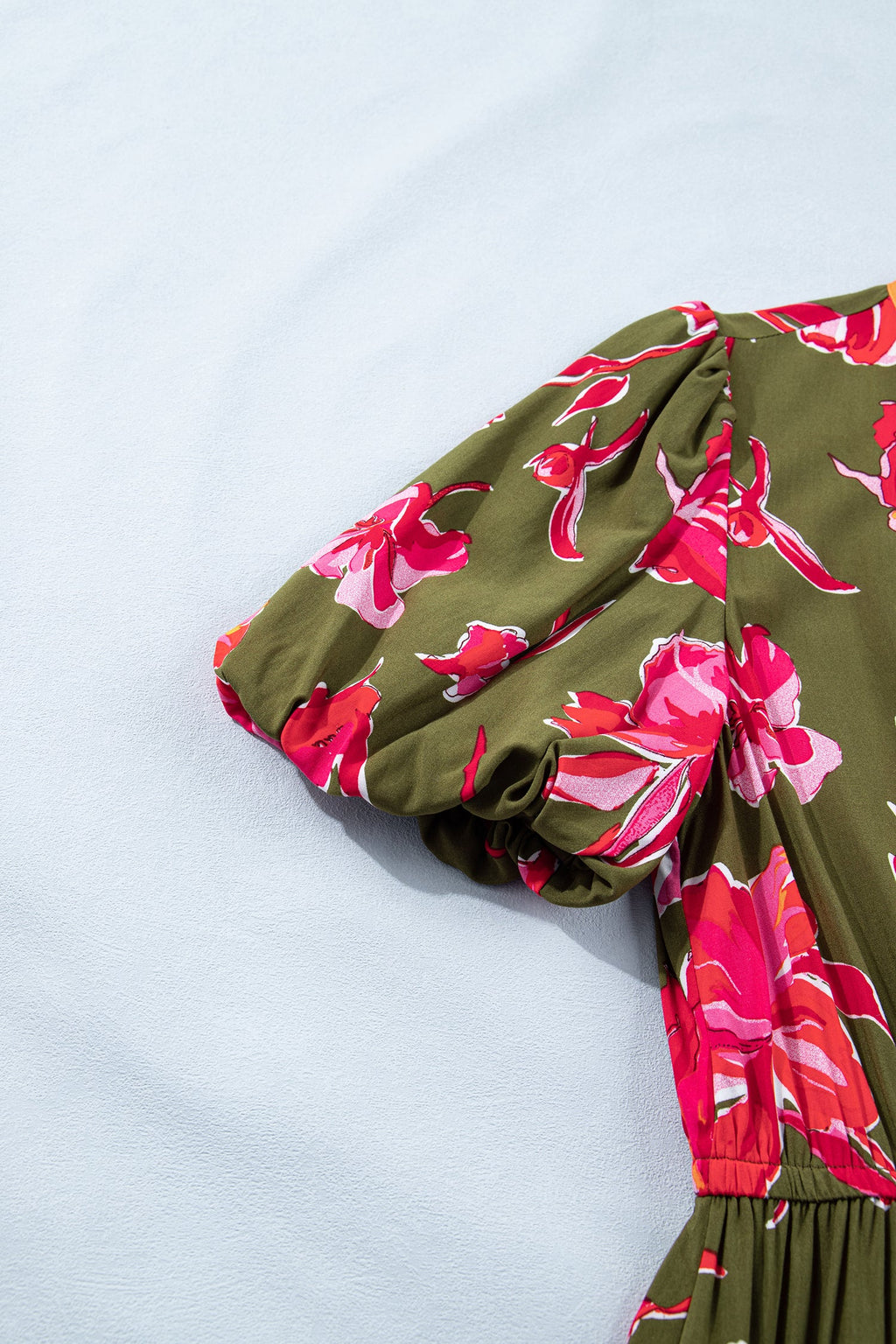 Women's Floral Maxi Dress with Striped Trim & Puff Sleeves