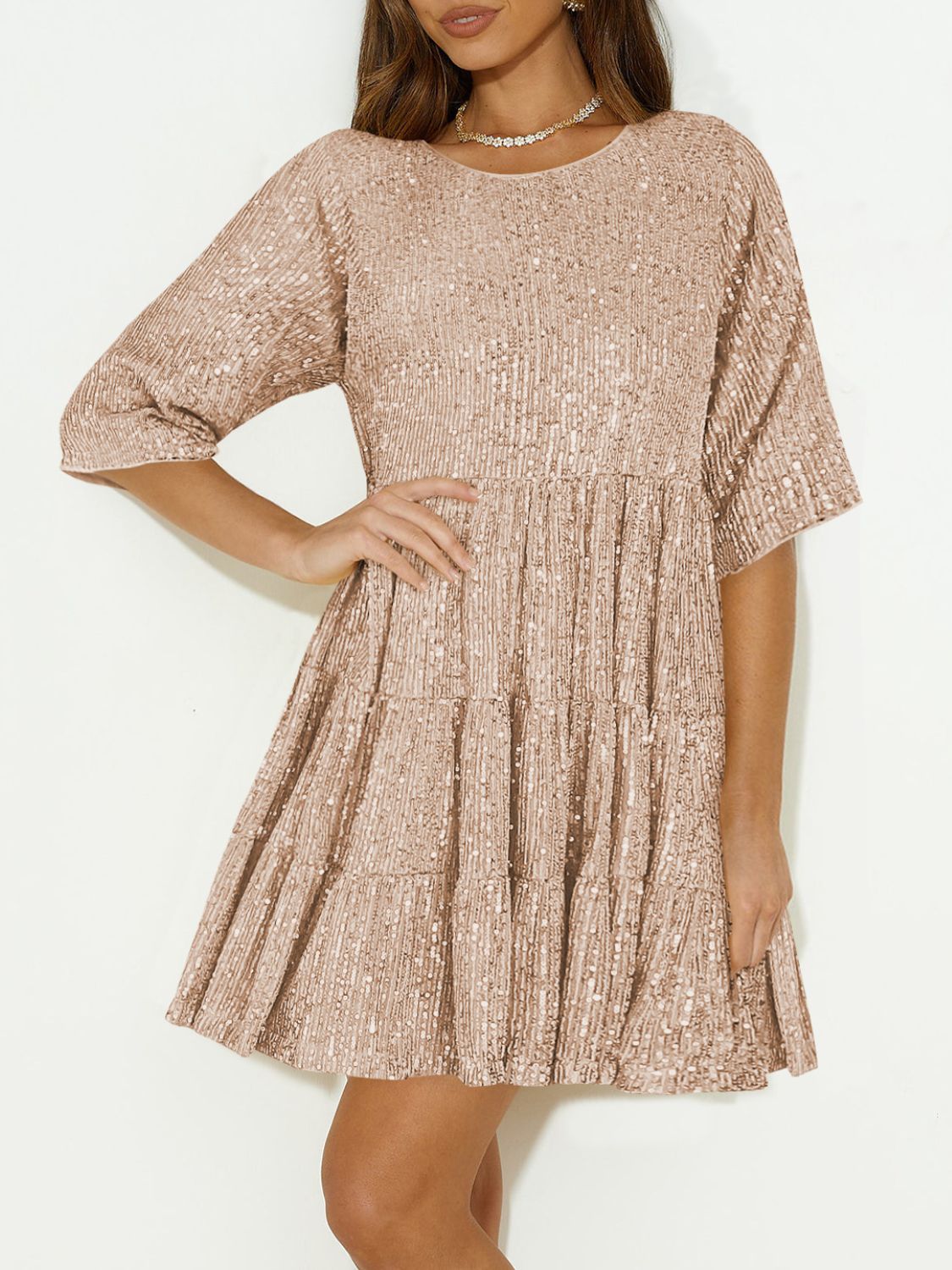 Sequin Round Neck Half Sleeve Mini Dress | Shimmer