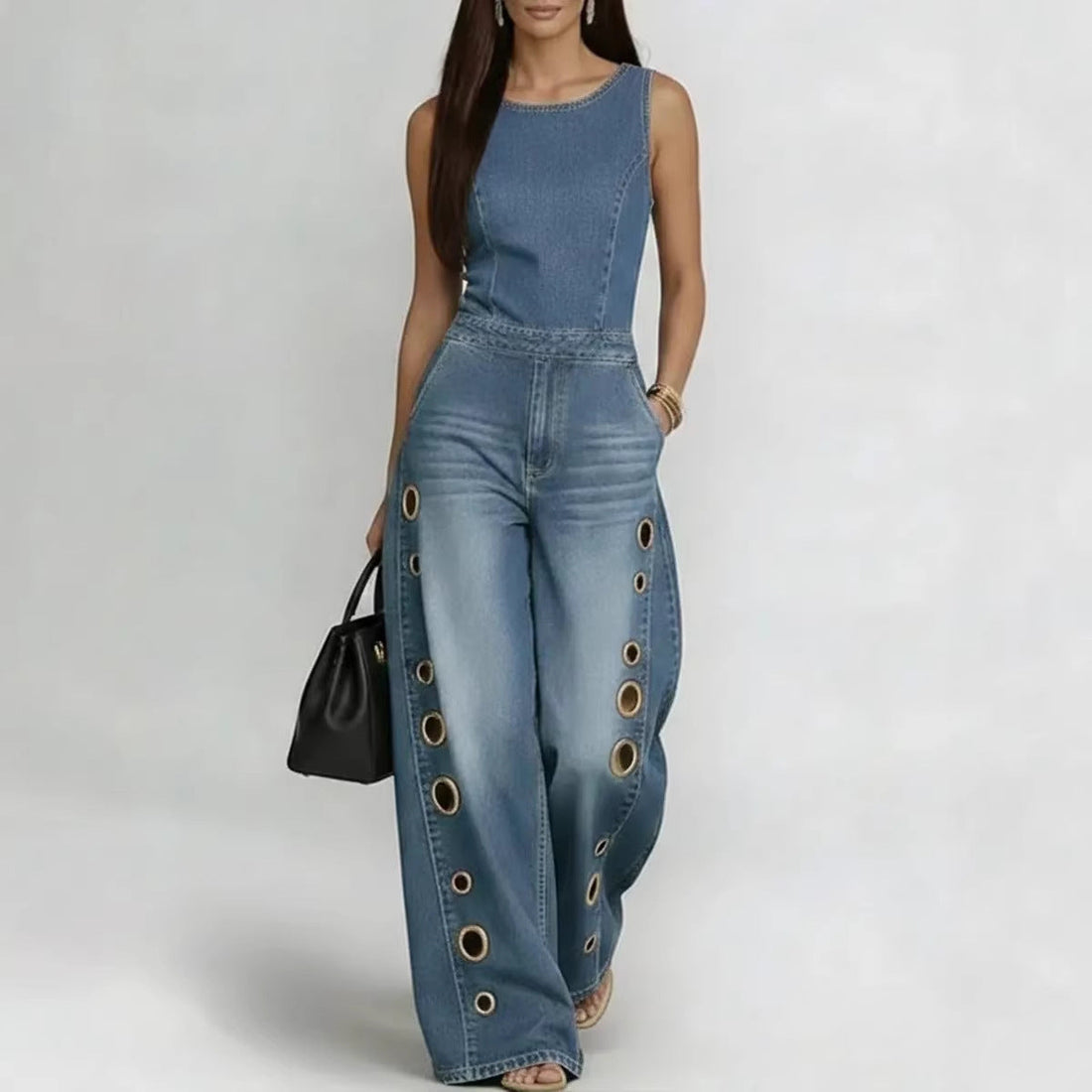 Women’s Sleeveless High-Waisted Denim Jumpsuit with Grommets - Image 5
