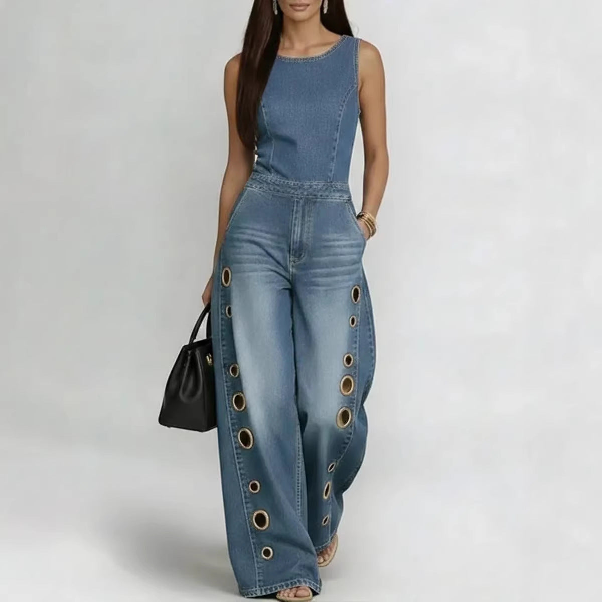 Women’s Sleeveless High-Waisted Denim Jumpsuit with Grommets - Image 5
