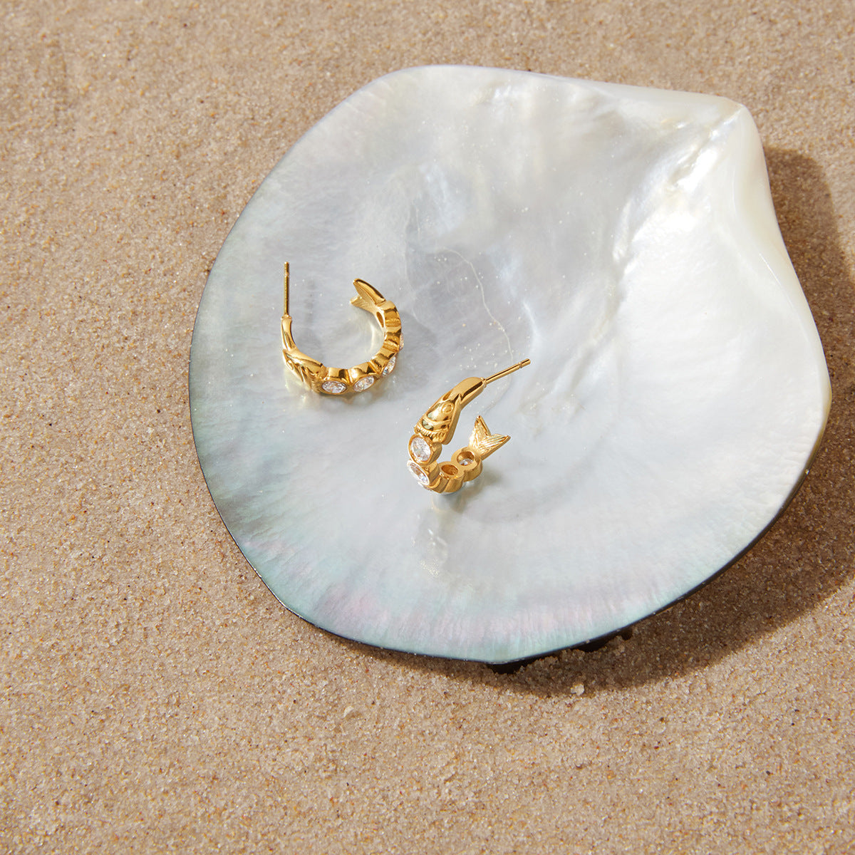 Zircon Fish C Hoop Earrings in Polished Stainless Steel