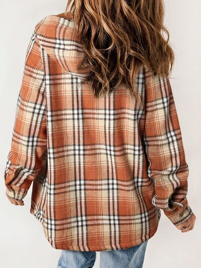Plush Plaid Snap Down Hooded Jacket Cozy Warm Casual Outerwear