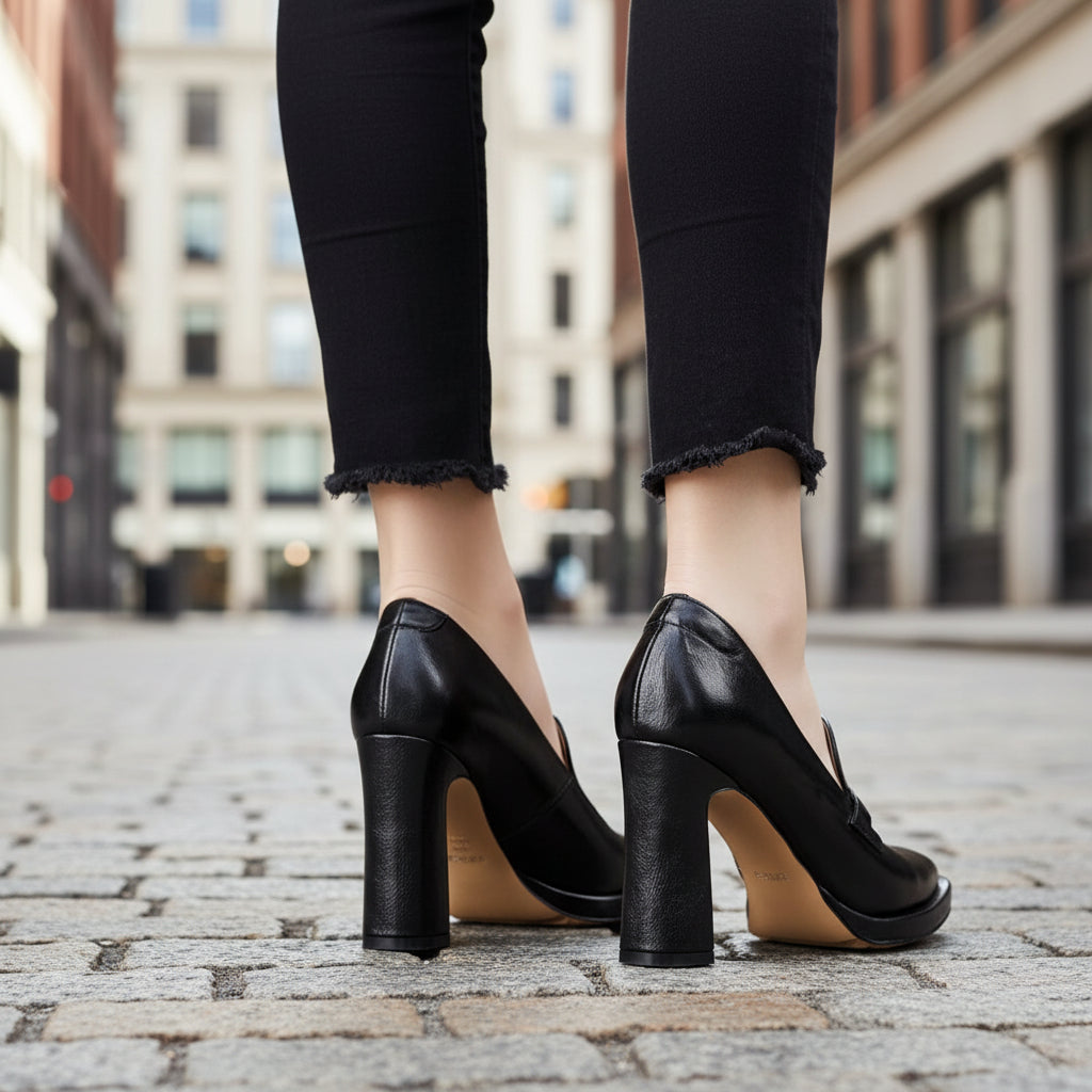 Black Pointed Toe Chunky Heel Pumps with Gold Horsebit Detail - Image 5