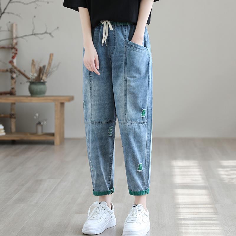 Women's Ripped Drawstring Waist Jeans Casual Denim Pants - Image 4