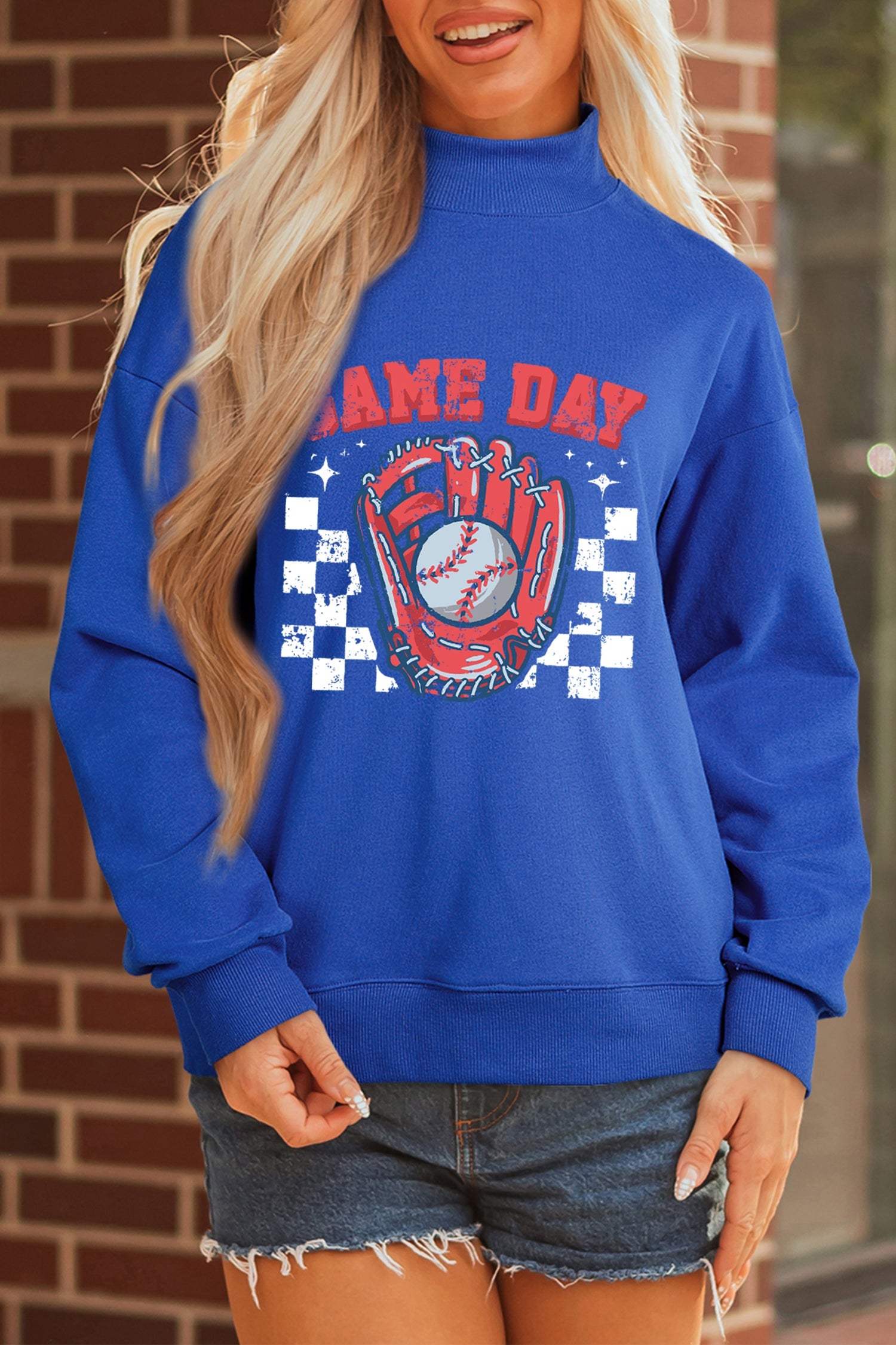 Dark Blue Game Day Baseball Catcher Mock Neck Sweatshirt