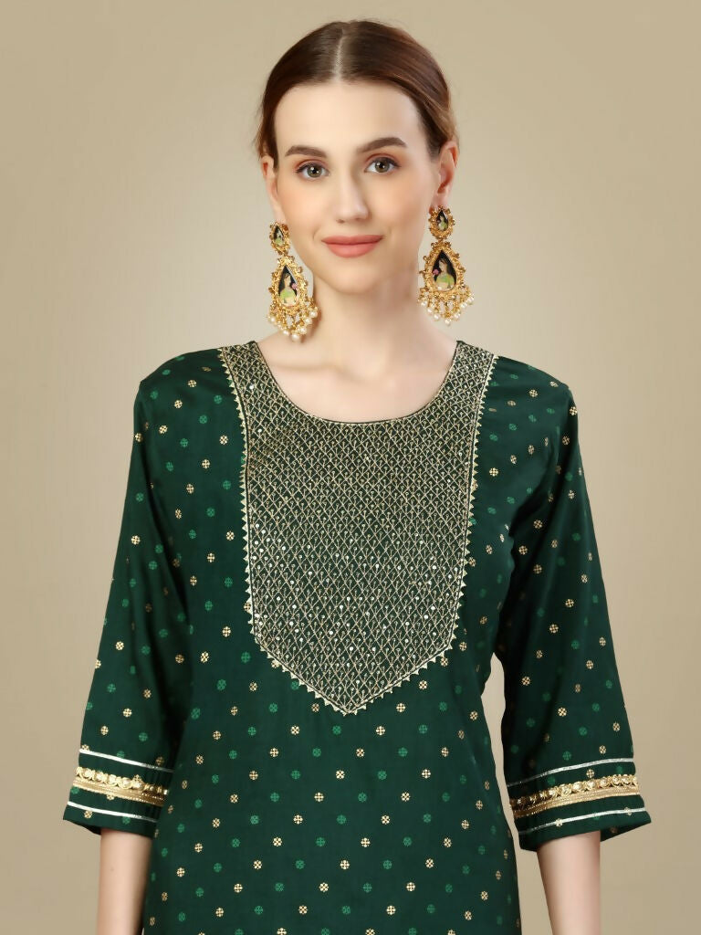 Women's Dark Green Silk Blend Embroidered Straight Kurta Set