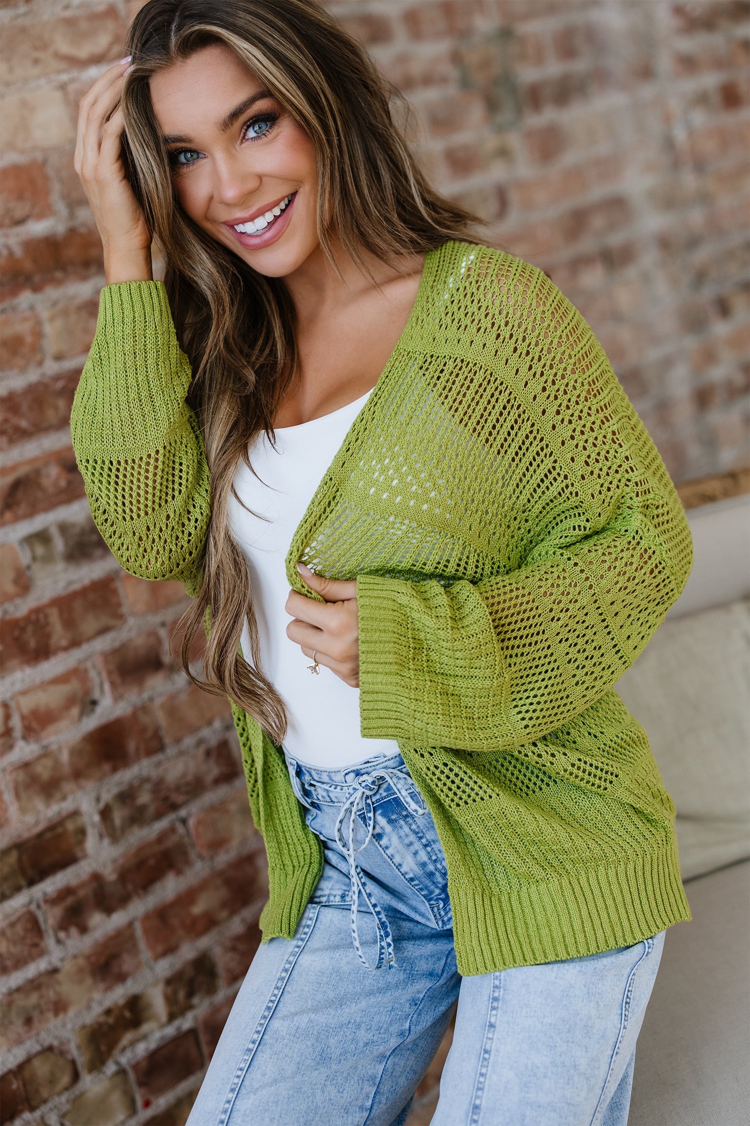 Whitley Lime Green Crochet Knit Open Front Cardigan - Image 10