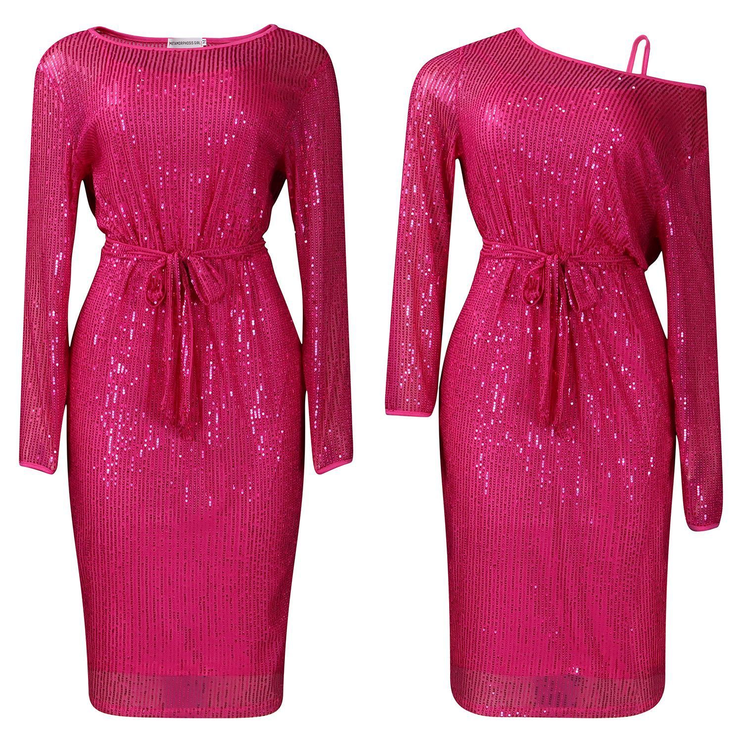 Sequined Round Neck Diagonal Collar Evening Dress Two-Piece Set