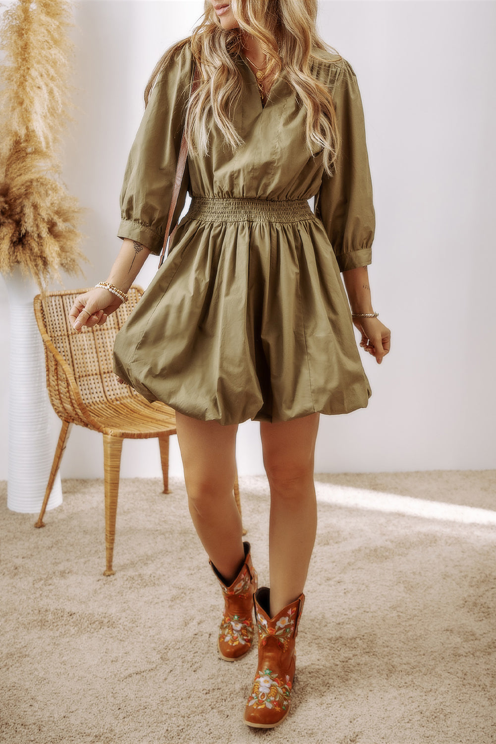 Elegant Green Smocked Mini Dress - Vintage Inspired Silhouette