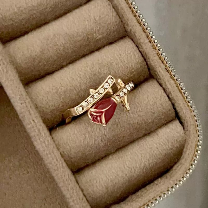 Enamel Red Rose Ring For Women, Light Luxury New Year Index Finger Ring, Open Adjustable Niche Design Delicate Ring