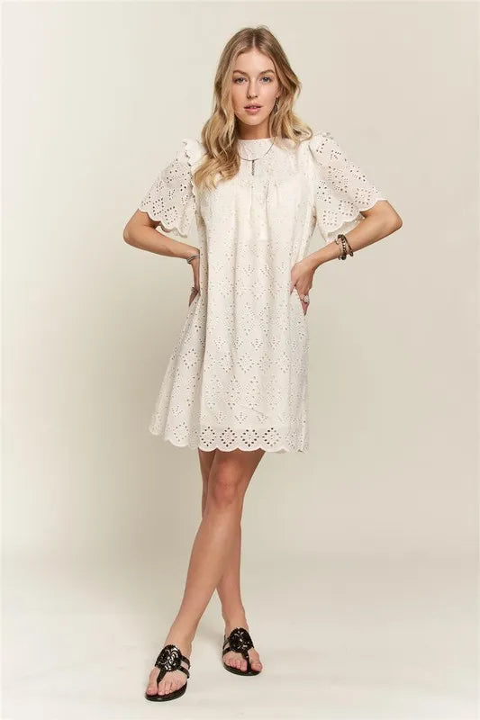 Ruffled Eyelet Round Neck Summer Dress for Garden Parties