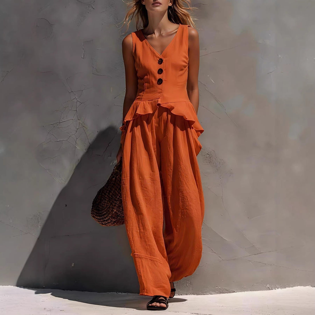 Button-Front Ruffled Tank Top and Wide-Leg Pants Set - Image 8