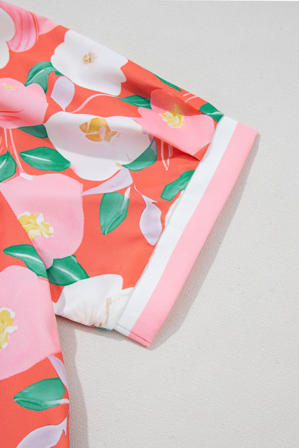 Salmon Floral Print Puff Sleeve Dress with Pop of Color Neckline