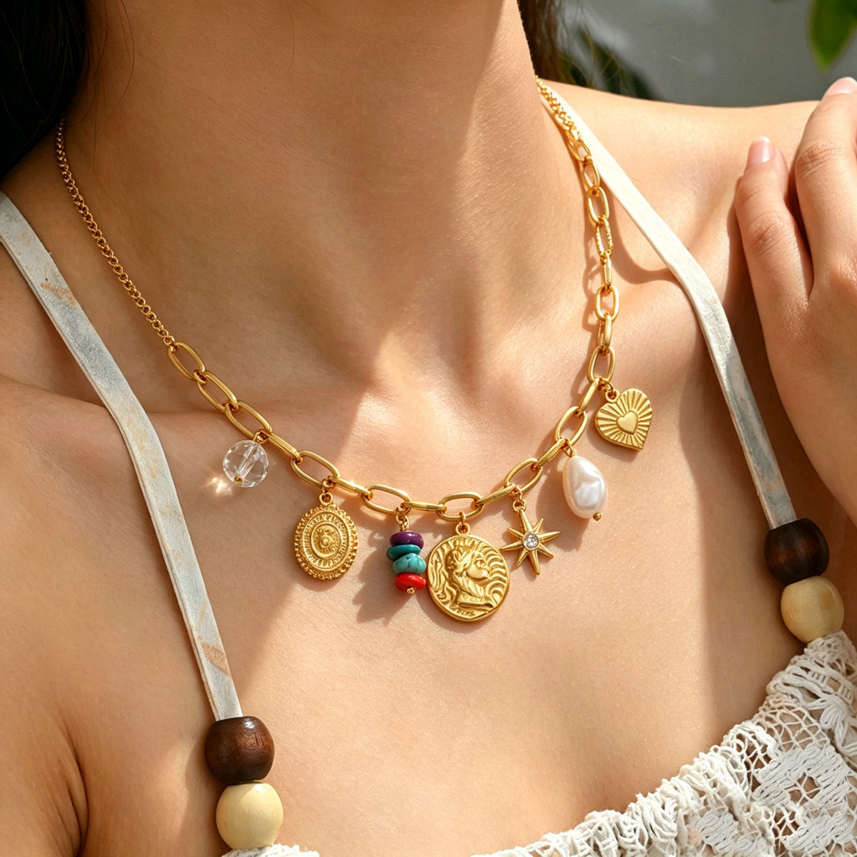 Women Boho Paperclip Multi Charm Necklace, Vintage Portrait Coin Heart Starfish Synthetic Turquoise Faux Pearl Pendant Gold Plated Retro Beach Vacation Daily Jewelry Gift