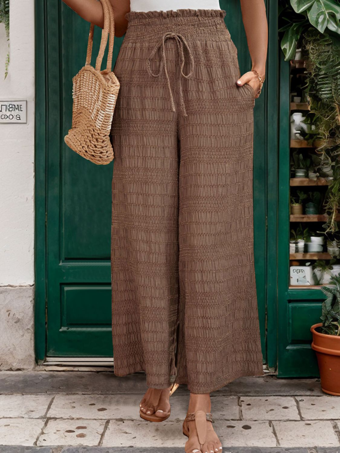 Women's Brown Wide Leg Pants with Tie Waist and Textured Detail - Image 5