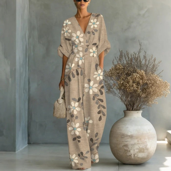 Women's V-Neck Floral Print Wide-Leg Jumpsuit with Cinched Waist - Image 6