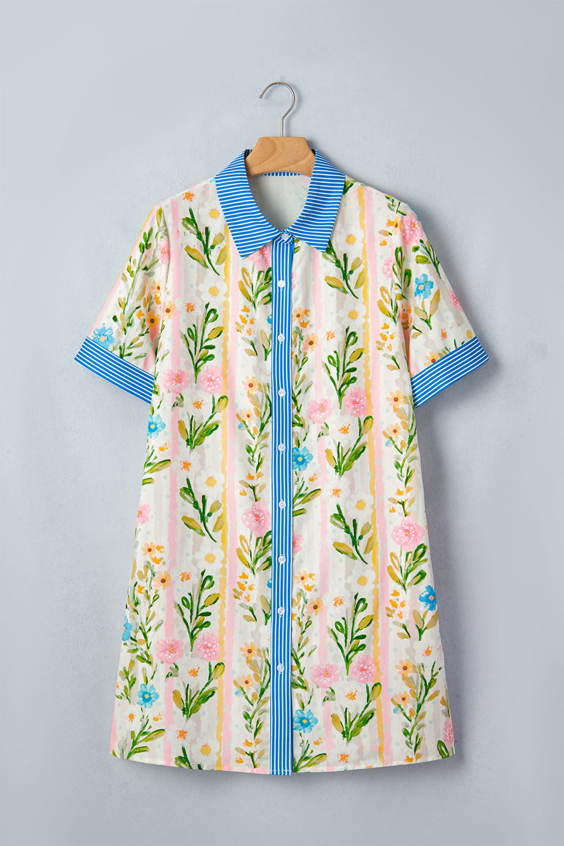 Floral Shift Dress with Stripe Trim and Button Down Front
