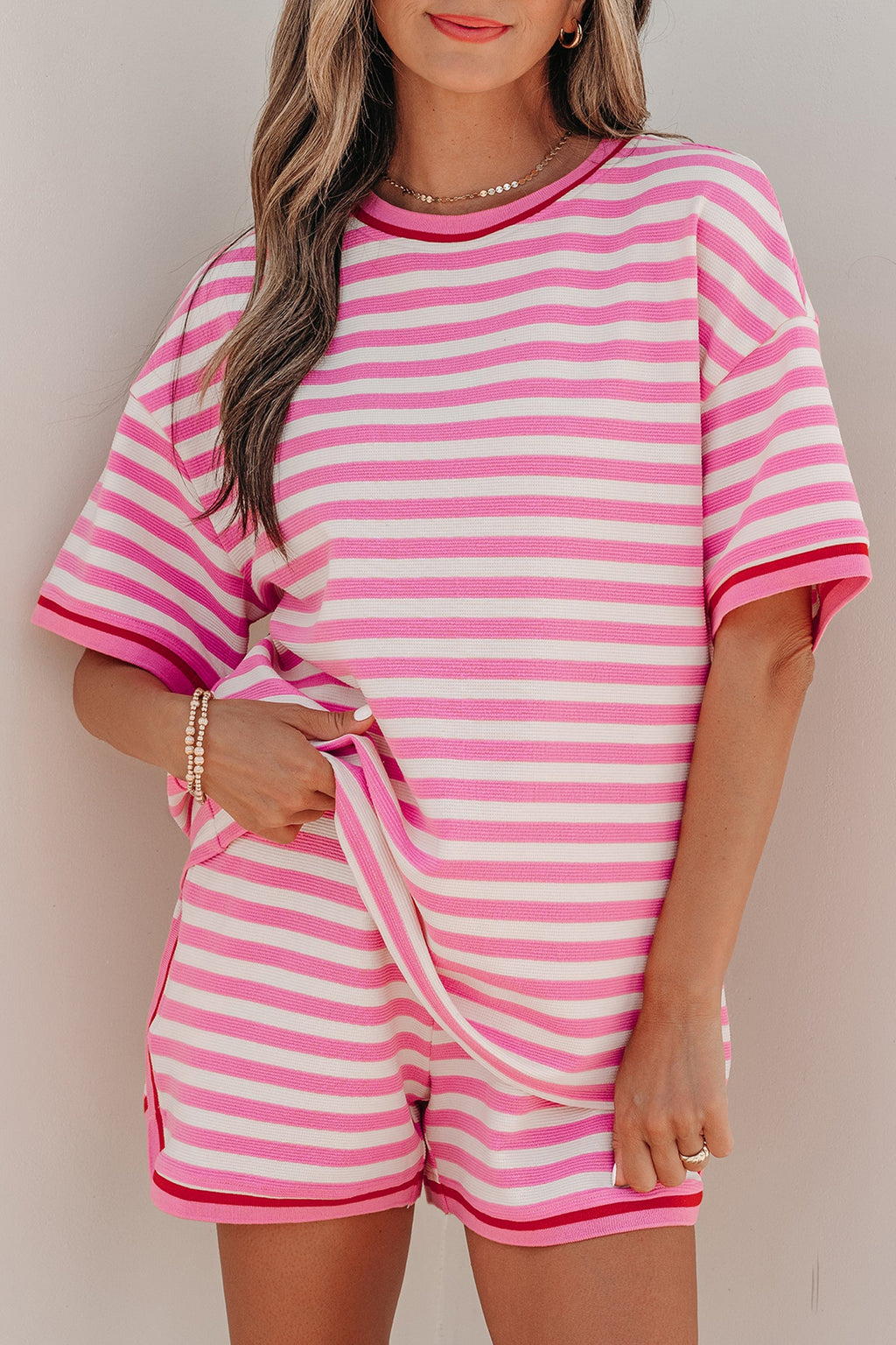 Matilda Trim Short Sleeve Set - Striped Knit Loungewear in Pink