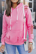Pink Ripped Hooded Sweatshirt with Kangaroo Pocket