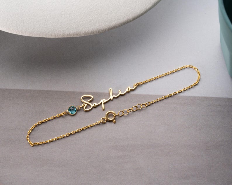 Personalized Cursive Name & Birthstone Bracelet Minimalist Jewelry