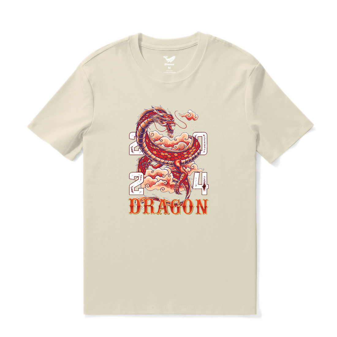 Beige crew neck t-shirt featuring 2024 Year of the Dragon graphics with lucky clouds