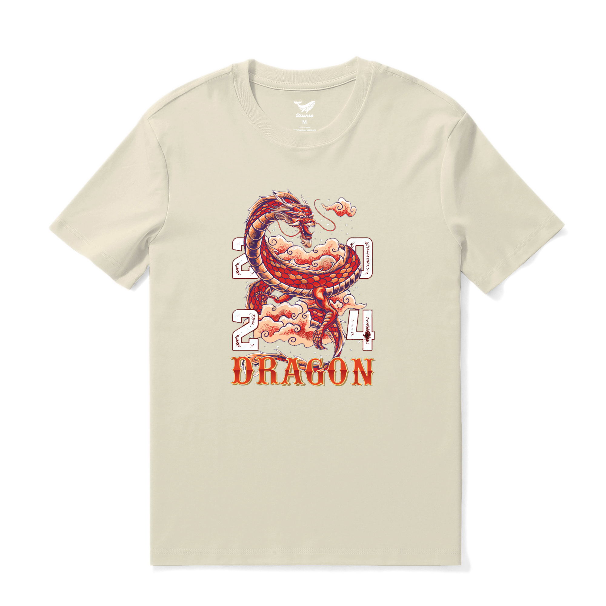 Beige crew neck t-shirt featuring 2024 Year of the Dragon graphics with lucky clouds