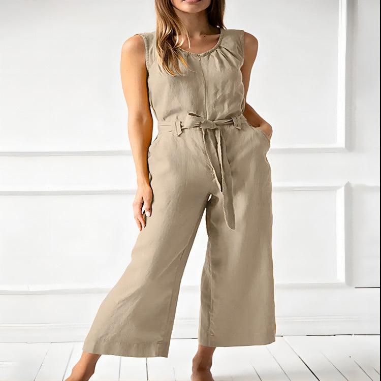 Women's Sleeveless Cotton Tie-Waist Jumpsuit Wide Leg