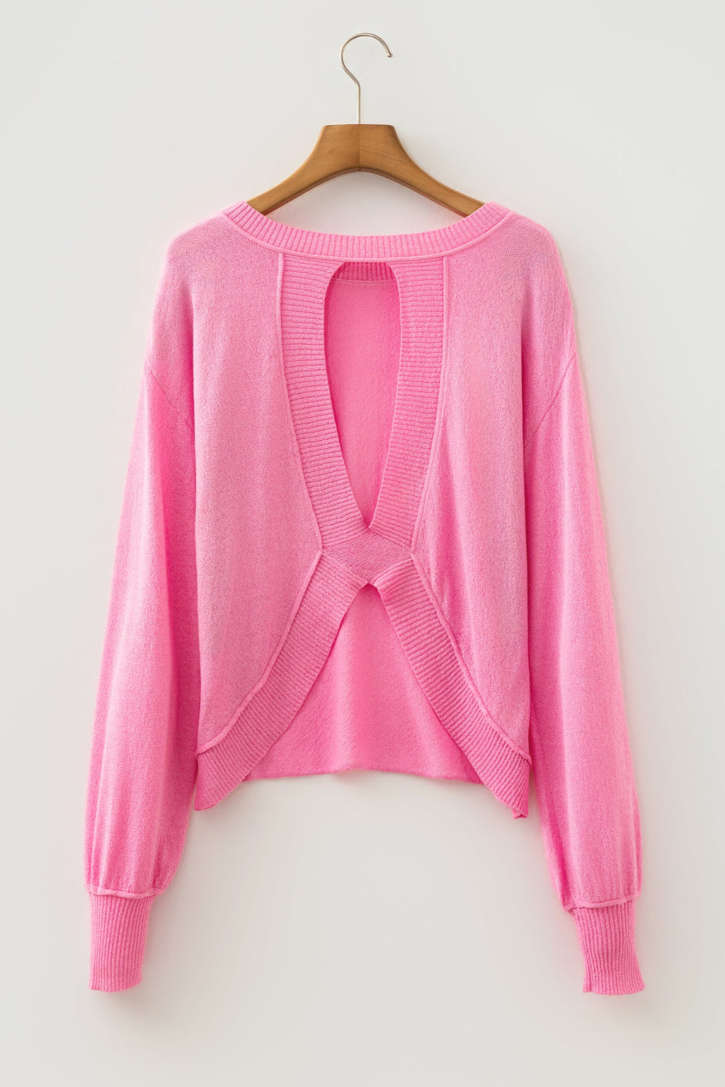 Solid Open Back Reverse Seam Ribbed Trim Sweater