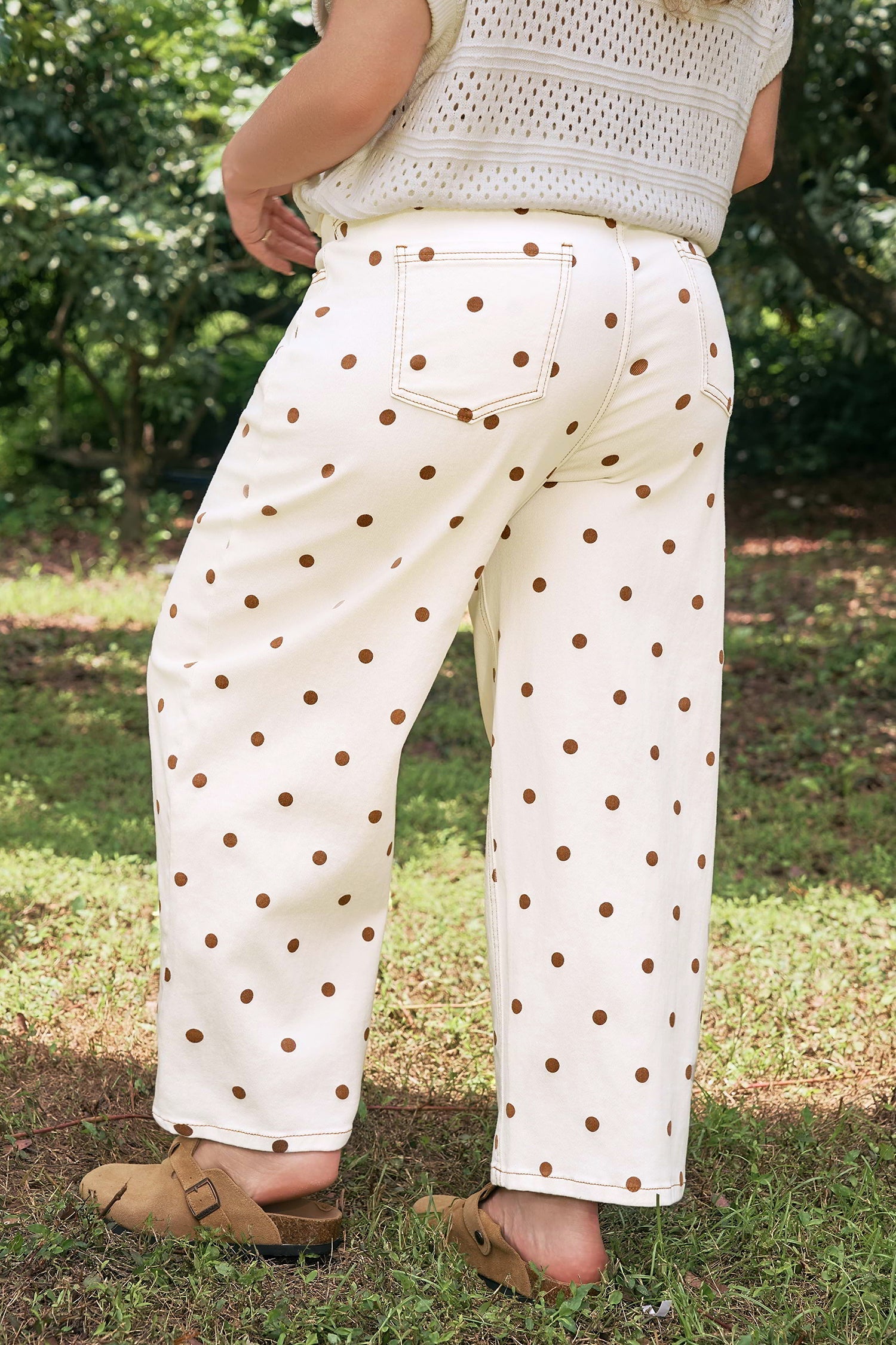 Monroe Dot Print Barrel Wide-Leg Jeans in Off-White and Brown