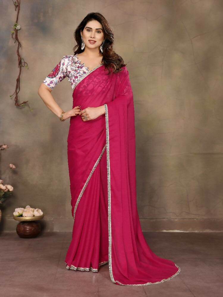 PR Fashion Pink Star Georgette Solid Georgette With Mirror Border Saree