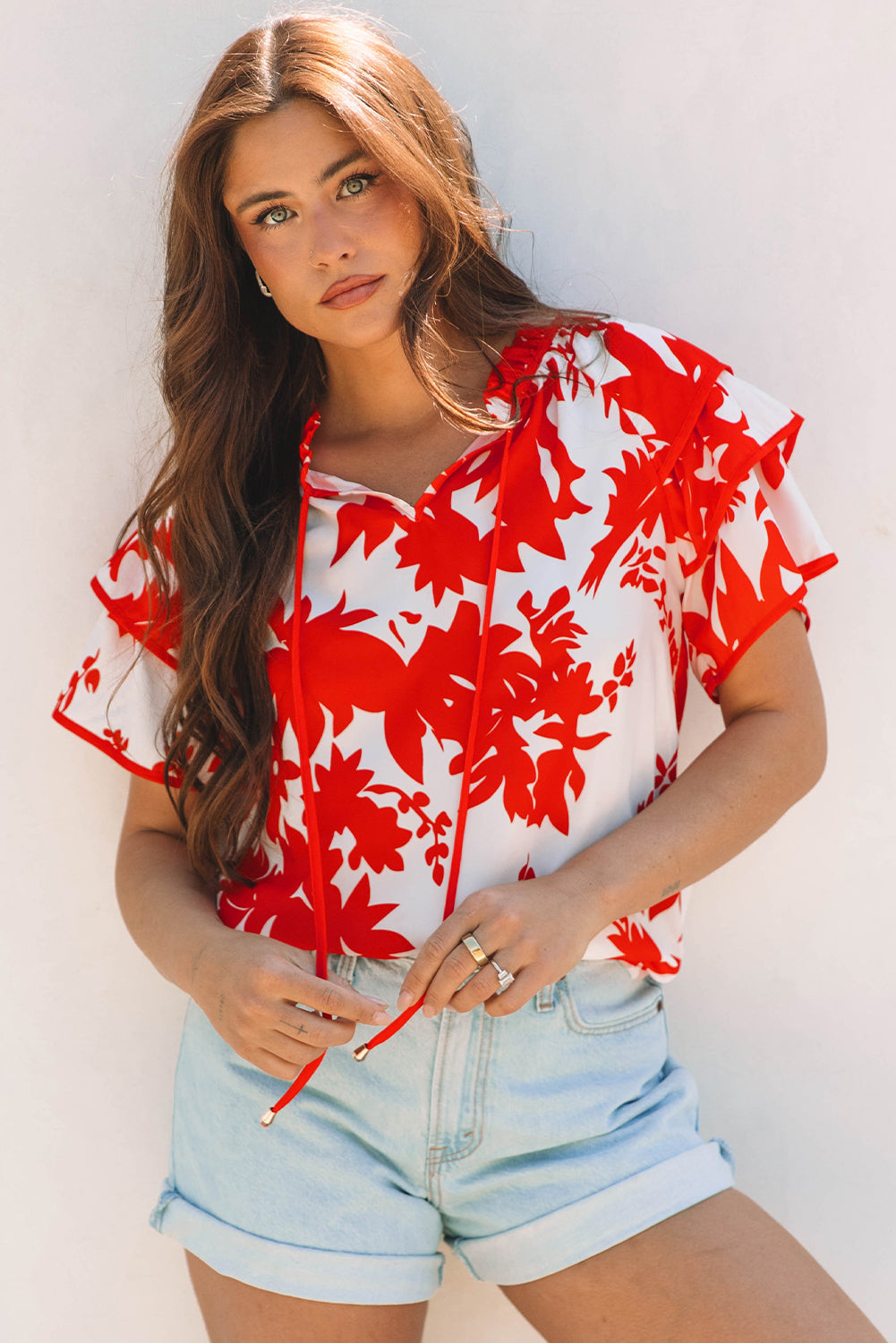Zoya Tiered Ruffled Sleeve V Neck Blouse in Red Floral Print