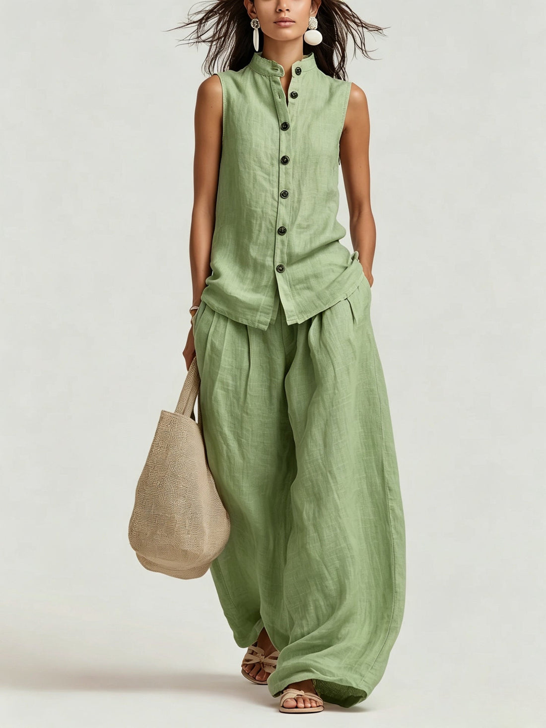 Women's Cotton-Linen Sleeveless Button-Down Vest and Wide Leg Set - Image 8