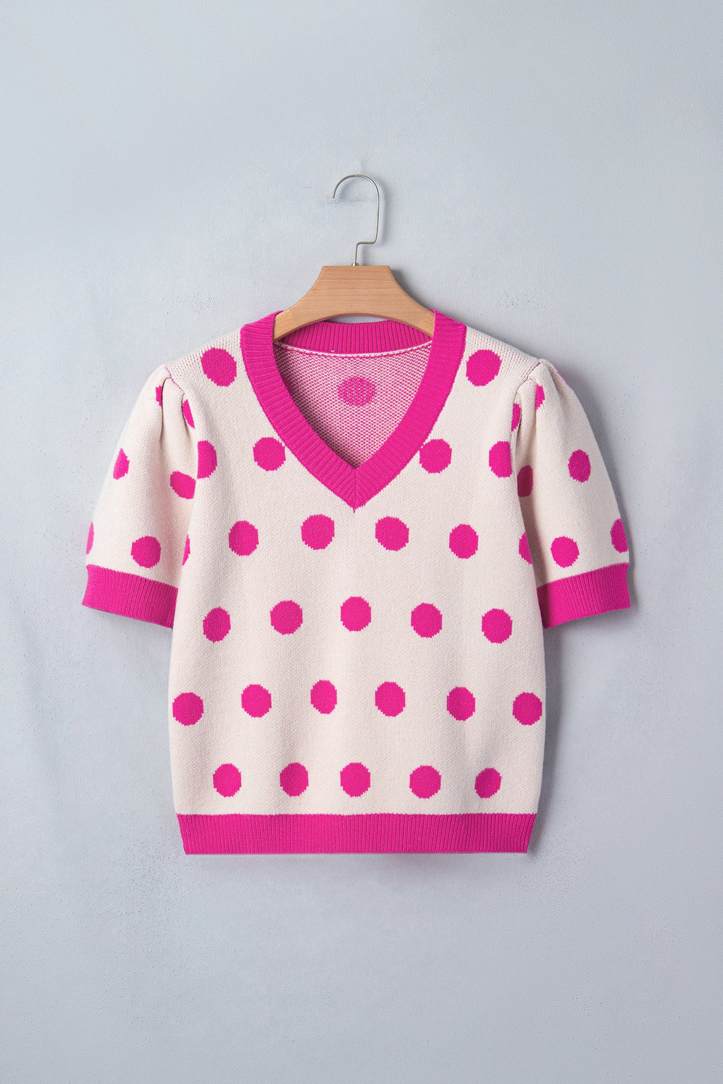 Alexia Puff Short Sleeve Sweater - Polka Dot V-Neck Knit Top